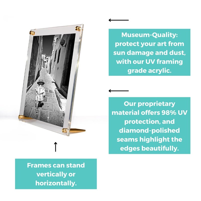 Wexel Art 5x7" Clear UV Grade Acrylic Tabletop Floating Picture Frame Display with Gold Hardware for Art and Photos - Image 4